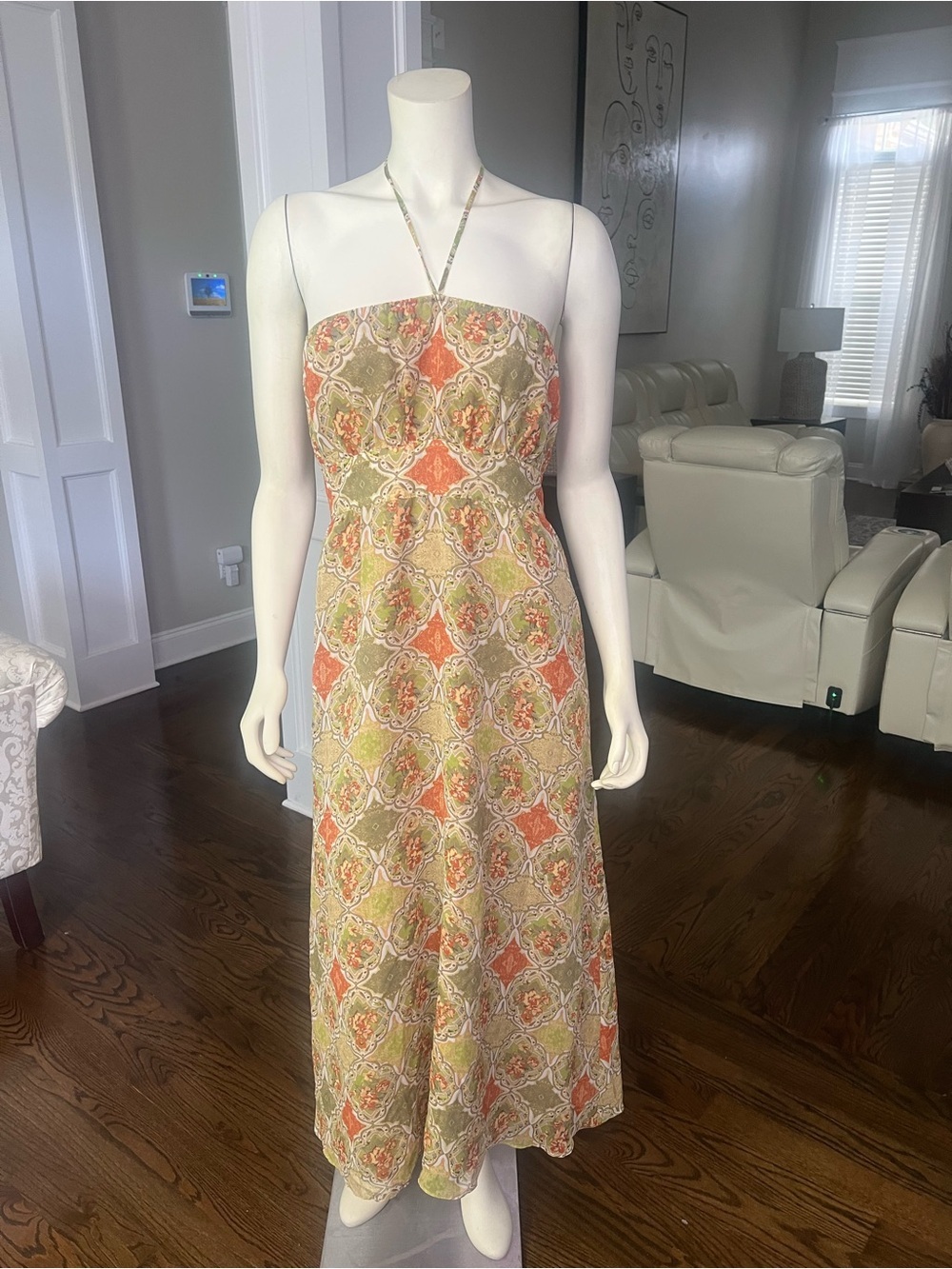 Banana Republic Strapless Midi Dress in Olive & Coral Print
